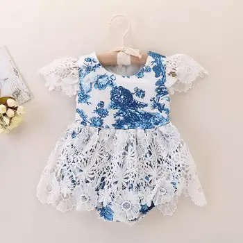 

PatPat Baby's Floral Lace Splicing Flare-sleeve Bodysuit Summer Cotton Casual Short-sleeved Girl Dress