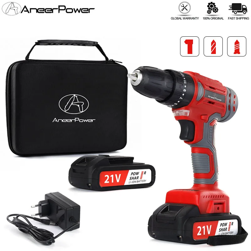 Brushless 21V Electric Drill Electric Screwdriver Wireless MultiFunction Rechargeable 1.5Ah Lithium Battery 2 Speed Impact Drill