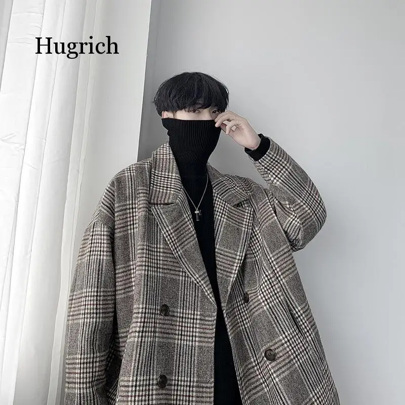 Plaid Windbreaker Men's Korean Loose Tweed Men's Autumn and Winter Woolen Coat