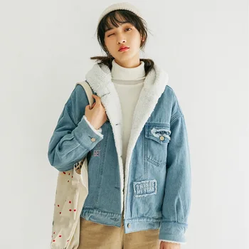 

2020 Vintage Women Letter Faux Cashmere Stitched Denim Jacket Coat Hodded Woman Pockets Winter Ladies Warm Coats Jackets Female