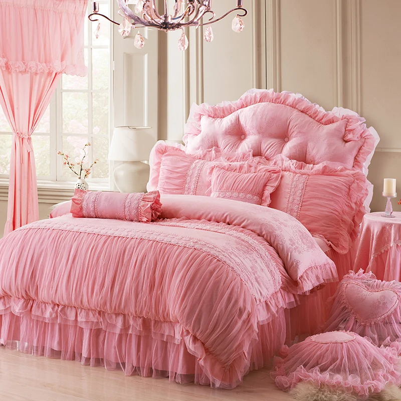 

Pink Jacquard Satin Duvet Cover Bed Skirt Bedspread Pillowcase Romantic Korean Style Princess Lace Flowers Bedding Set Luxury