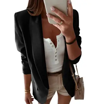 

Casual Blazer Feminino Women Basic Notched Collar Solid Blazer Pockets Chic Tops Office Ladies Retro Single Button Suit Jackets