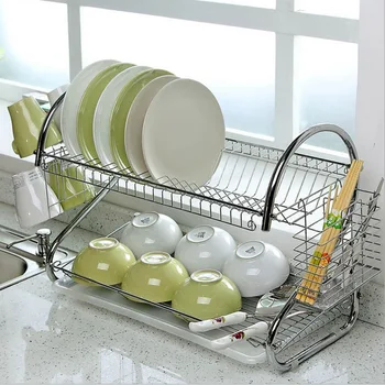 

Large Dish Drying Rack Cup Drainer 2-Tier Strainer Holder Tray Stainless Steel Kitchen Accessories 40 x 37 x 25CM