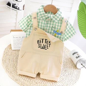 

2020 Summer Toddler Infant Baby Boys Clothing Sets For Short Sleeve Lapel Plaid Shirt Bib Shorts Children Costume