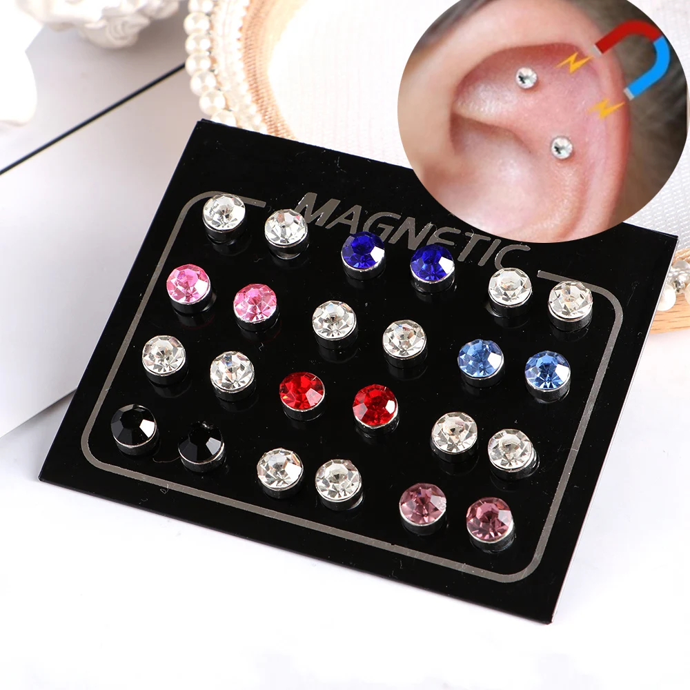 12 пар/компл. 3/4/5/6/7 мм унисекс красочные хрустальные серьги-гвоздики круглой Форма Магнитная без имитация пирсинга Серьги