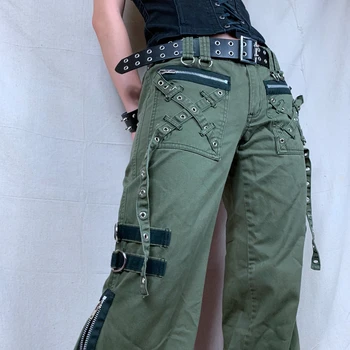 Y2k Women Green Zipper Jeans Grunge Punk Gothic Baggy Retro Bandage Long Pants Low Rise Cargo Korean Female Sweatpants 1