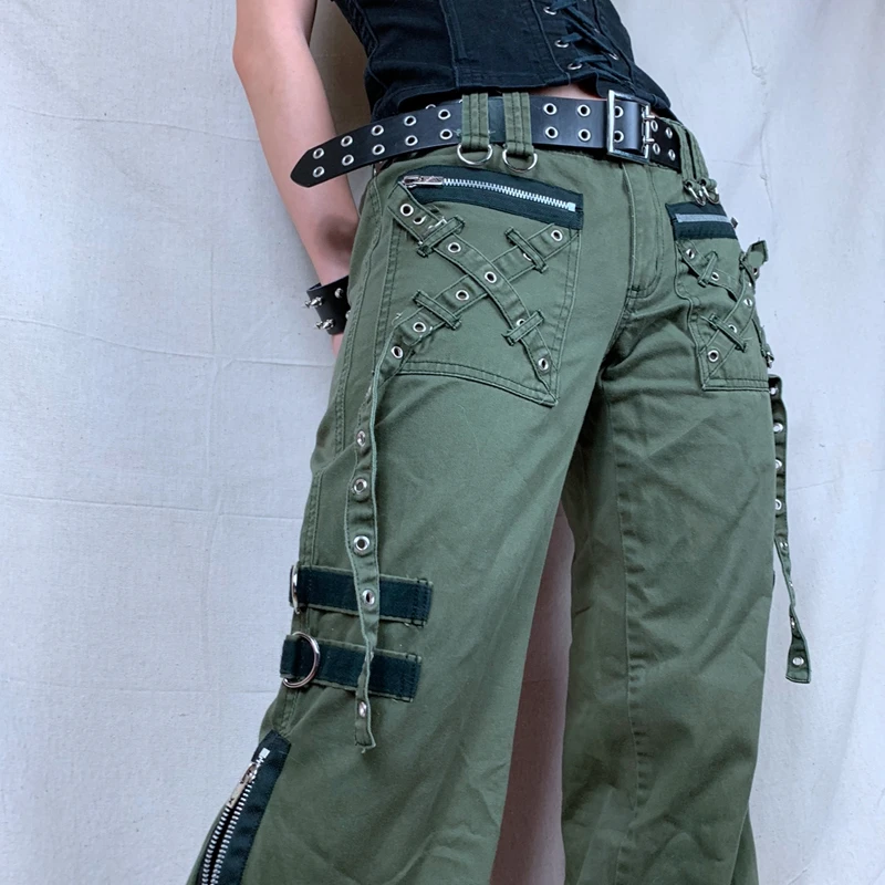 Pantalones Cargo Gótico Para Mujer - Estilo Punk, Tiro Bajo, Con Cremalleras - Verde O Negro