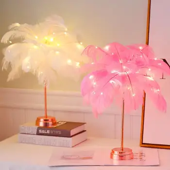 

USB Charge /Battery Feather Table Lamp Tree Shape LED Flashing Lights Wedding Decorative Girl Bedroom Flashing Light Decoration