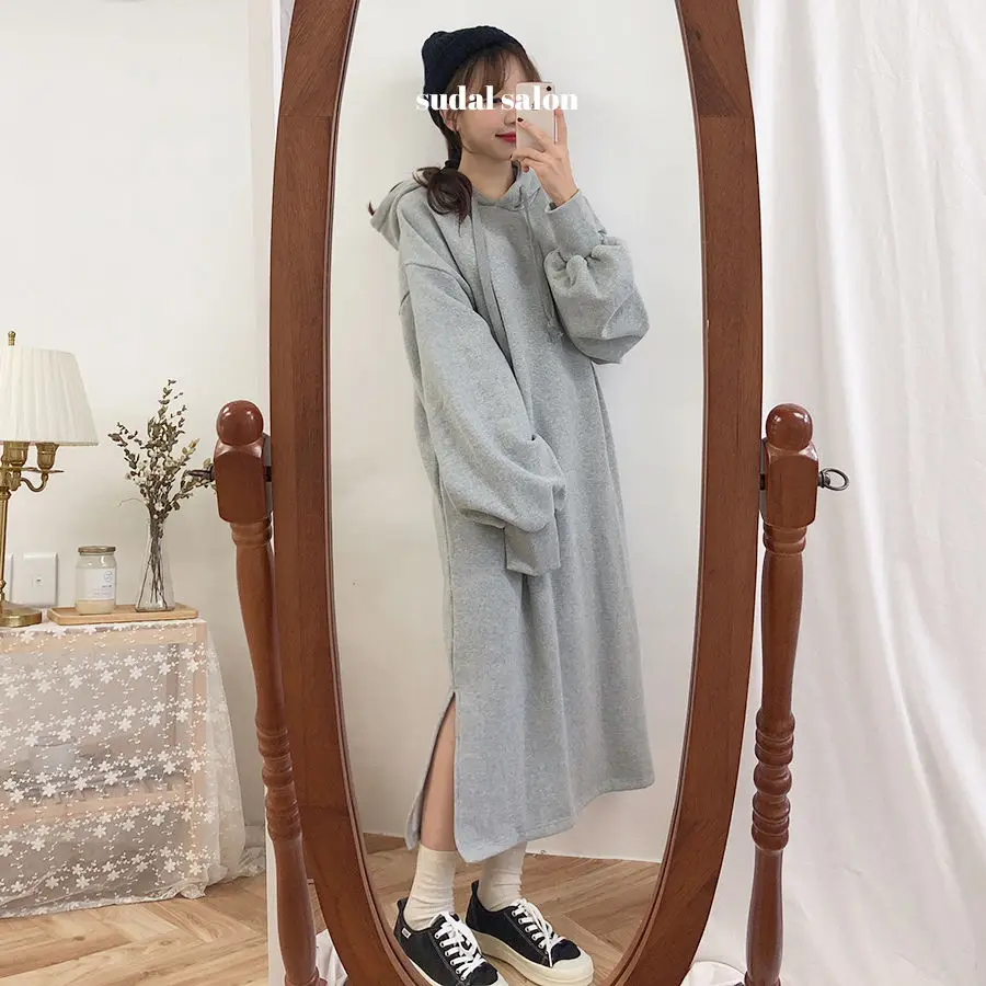 Thicker Dress Women Korean Lovely Simple Fashion Preppy Loose Spring Plus Velvet Ladies Outerwear Popular Hooded Teens Vestido vintage clothing stores