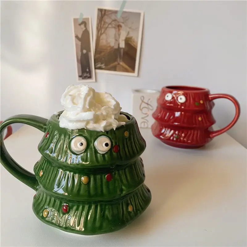Peek At You~ Cute Christmas Tree Mug with Smart Eyes Couple Ceramic Mugs Christmas Gifts for Friends Coffee Cups Cartoon Tazas