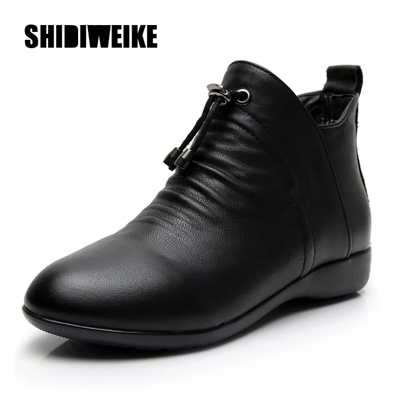 

New Style Genuine Leather Women Ankle Boots Autumn winter Fashion Pleated Zipper single boots Women Flats comfortable Ladies