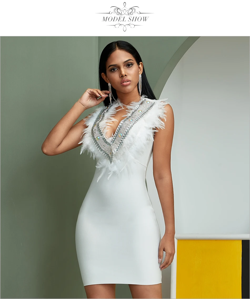Adyce, новое летнее Бандажное платье с белыми перьями, женское сексуальное платье без рукавов на бретелях, Клубное вечернее платье в стиле знаменитостей, Vestido