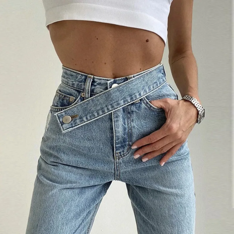 Vintage Asymmetric Waist Straight Woman Jeans High Waist Denim Wide Leg Pants Loose Boyfriend Jeans 2020 Autumn