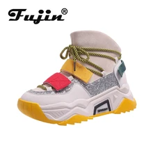 Fujin/кроссовки; женская зимняя обувь на толстой подошве; модная обувь из плюша, сохраняющая тепло, на меху; дышащая обувь на шнуровке для отдыха; однотонные женские полуботинки