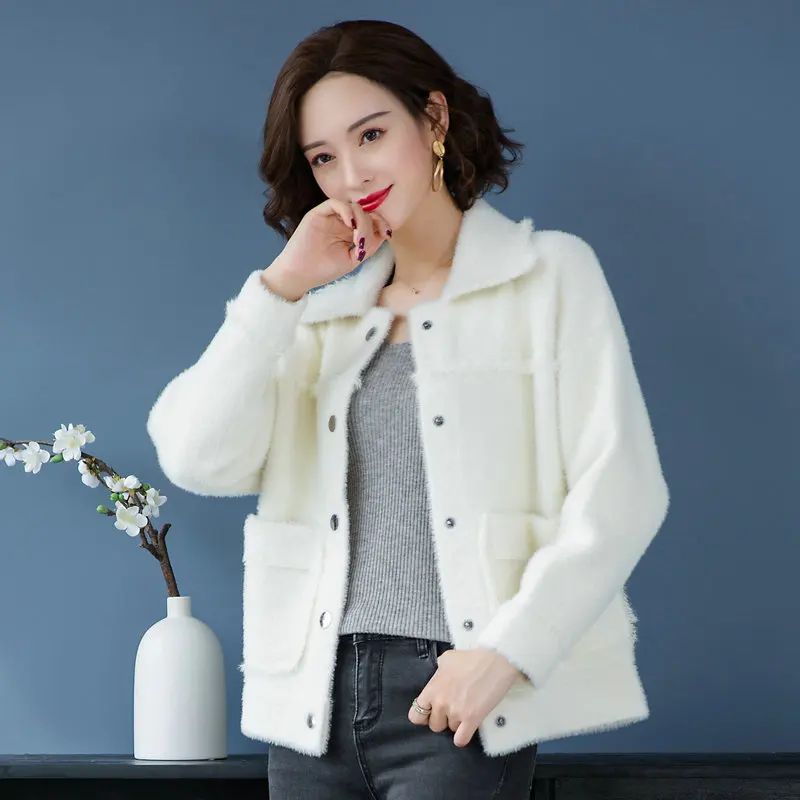 

Women Imitated Mink Wool Knit Coats Pure Colour Warm Soft Plush Jackets Female Single Breasted Woolen Knit Outerwear Red White