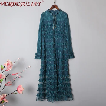 

VERDEJULIAY Luxury Runway Fashion New Dress Women's Long Sleeve Flower Cascading Ruffles Lace Patchwork Green Red Elegant Dress