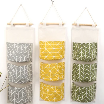 

Linen Hanging Storage Bag 3 Pockets Wall Mounted Wardrobe Hang Bag Wall Pouch Cosmetic Toys Organizer Glasses Sundries