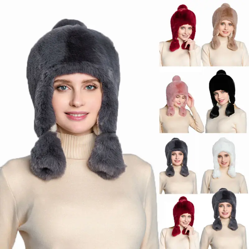 Fashion Women Bomber Hats Fur Leather Plush Hat Winter Spring Warm Thick Ski Cap Russian Cossack Trapper Ear Flap | Аксессуары для