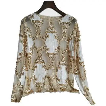 

Women Sexy Sheer Mesh Embroidery Shirt Long Sleeve Sequin Bead Top High Street Diamond Embellished O-Neck Lace Blouse