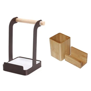 

1pcs Carbon Steel Utensils Lid Holder Ladle Rest Pot Rack & 1pcs Bamboo Wooden Pen Holder Cup with Card Holder Stand