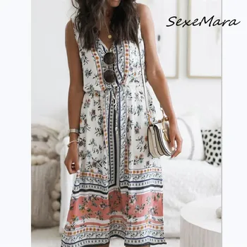 

2020 Summer Bohemian Style Women Print Dress Casual Vintage V-neck Sleeveless Loose Midi Dress