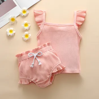 

ropa niña baby girl clothes set 2020 bebes newborn Sleeveless Solid Tops+Ruffles Shorts carters ropa niño baby girl summer Z4