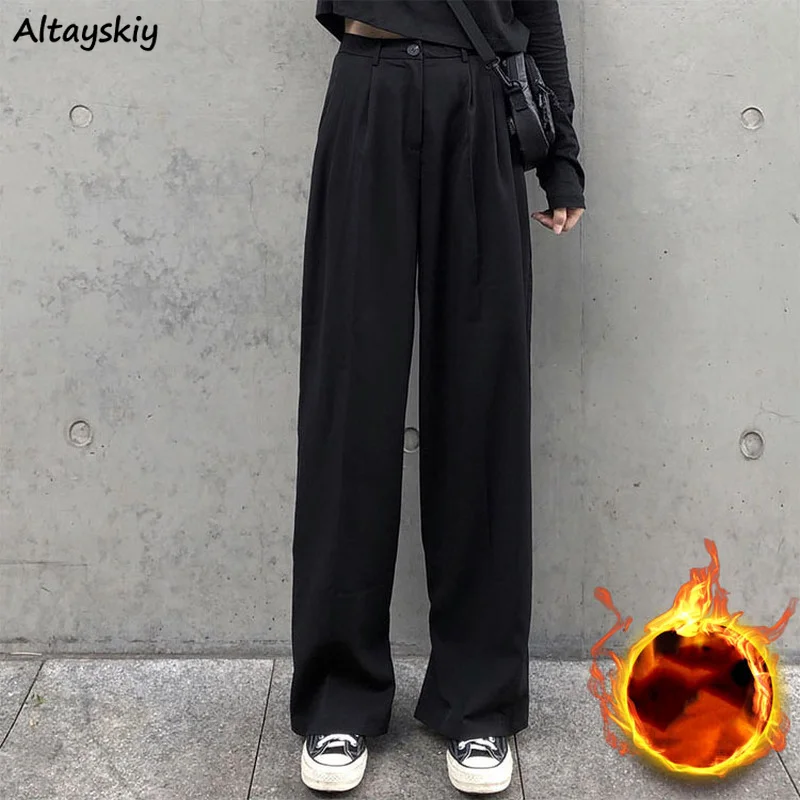 

Women Black Casual Pants Winter Aesthetic Wide Leg Draped Trousers Button Fly Straight Elegant OL Mopping Baggy Pantalones Ins
