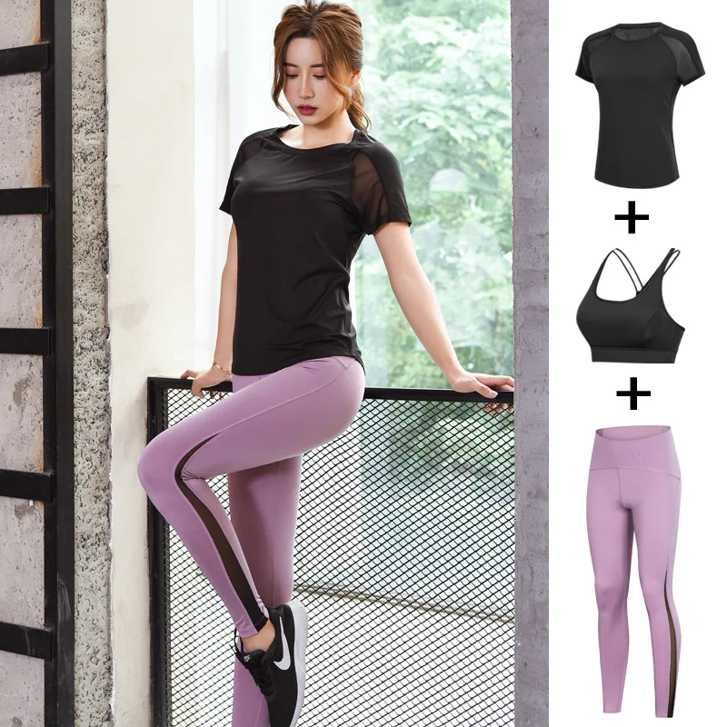 

Women's Three-piece Set Autumn Yoga Clothes Sports Set Gym Jogging Suits Quick-Dry Short Sleeve Casual
