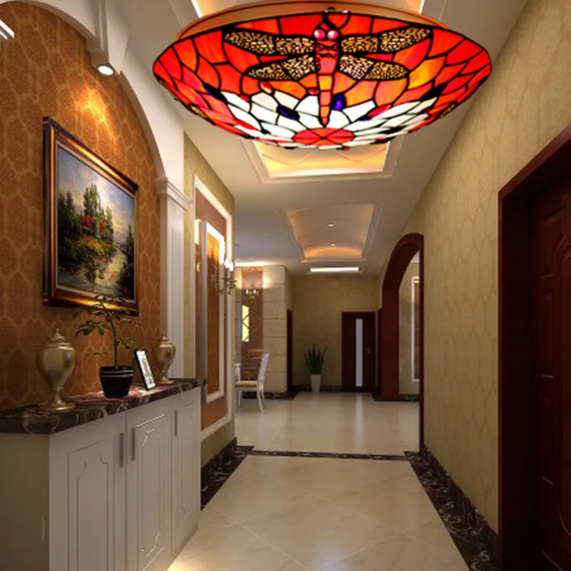 

European butterfly 16 inch LED E27 110-240V Pastoral Ceiling Light Tiffany Round Glass Lampshade lamparas de techo abajur