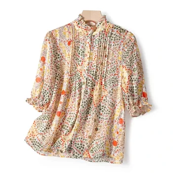 

Women Summer Short Sleeve Blouse& Shirt Ruffled Neck Heart Flower Printing Female Luxury Casual Tops 2020 New