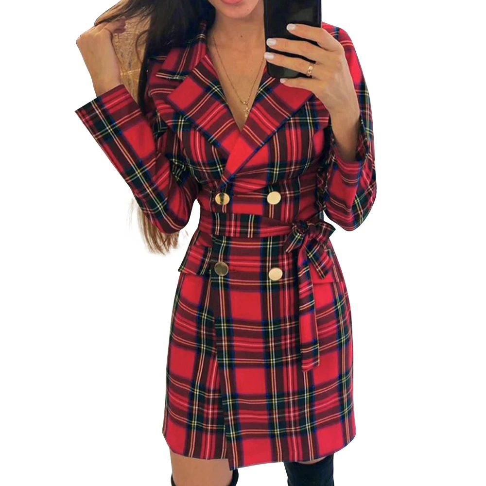 Sale Women's Plaid  Long Sleeve Crisscross Slim Dress Stitching Contrast Color Turn-down Collar Double Breasted Vestidos D30 2