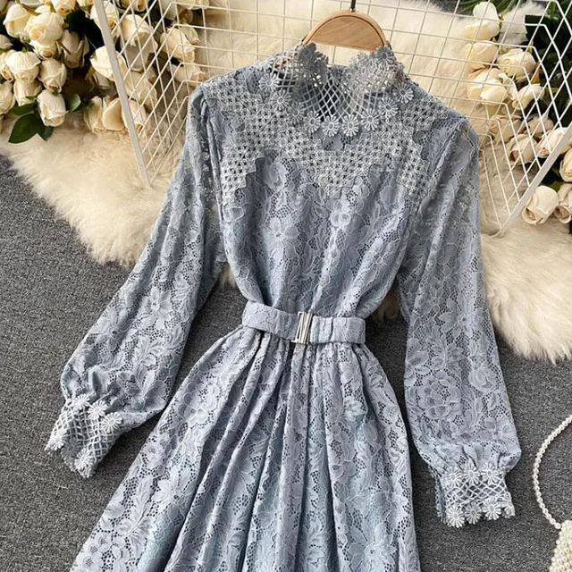 Elegant Stand Collar Women Lace Dress Sweet Hollow Out Slim Long Sleeve Midi Long Dress 2021 Spring High waist Party Vestidos 5