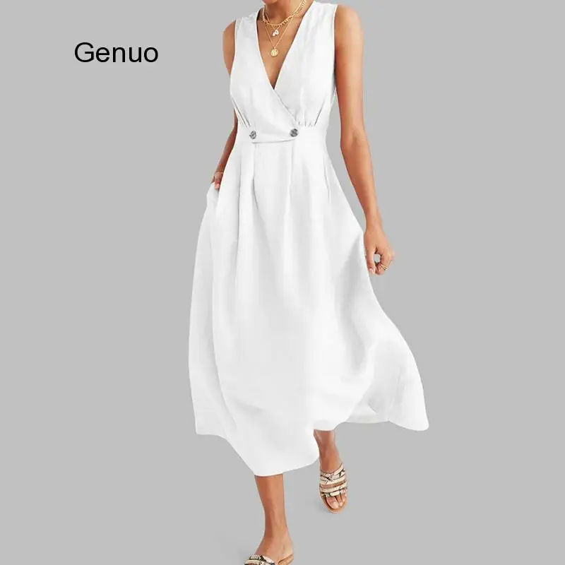 

Elegant Summer Commute Ladies Long Dresses Women V Neck Pleated Pure Colour Button Dress