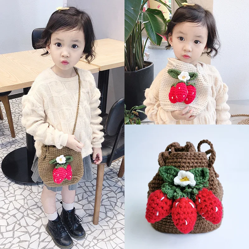 

Small Gift Children Bag 2020 Manual Weaving Wool Bucket Strawberry Drawstring Pocket Handbag Girl Knitted Shoulder Messenger Bag