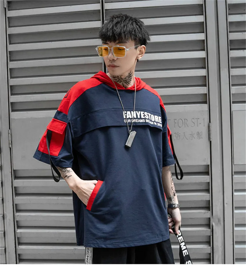 Мужская футболка в стиле хип-хоп, уличная Футболка Harajuku, негабаритная летняя черная футболка с капюшоном, корейские футболки для мужчин