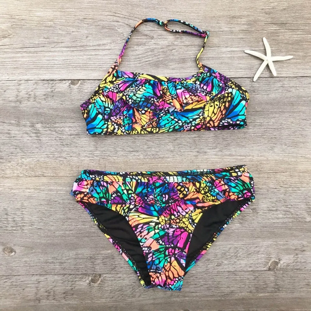 

Children Baby Girl Frill Color Butterfly Print Split Swimsuit Ruched Bikini Set Swimwear Swimsuit Bathing Clothes L1204