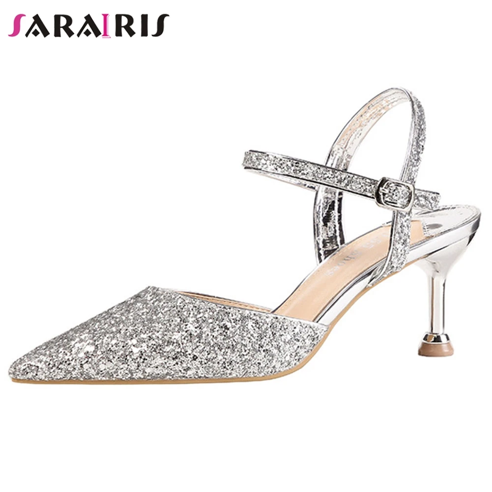 

SARAIRIS Sexy Female Summer Shoes Woman Pointed Toe Buckle Strap Thin Heel Bling Prom Sandals Women Dress Party Sandals