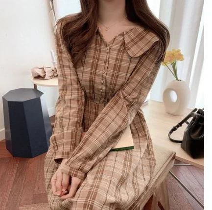 khaki S XL размера плюс новое весеннее платье для девочек Boho хлопковое женское винтажное платье в клетку с длинным рукавом Женские платья длинное платье Vestido - Цвет: khaki