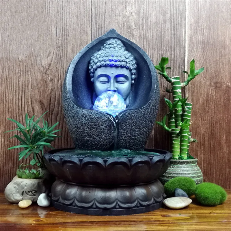

Buddha Statue Lotus Base Resin Water Fountains Feng Shui Figurines Waterscape With LED Light Ornament Home Office Decoration