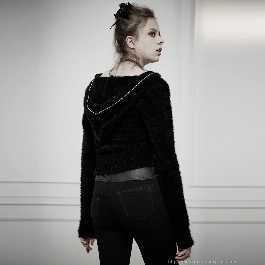  PUNK RAVE Women's Tight Hooded Cardigan Sweater Warm Imitation Mink Hair Moon Pendant Personality H