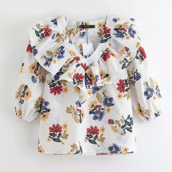 

2020 women v neck floral print ruffles casual smock blouse three quarter sleeve shirts femininas chic chemise blusas tops LS6462