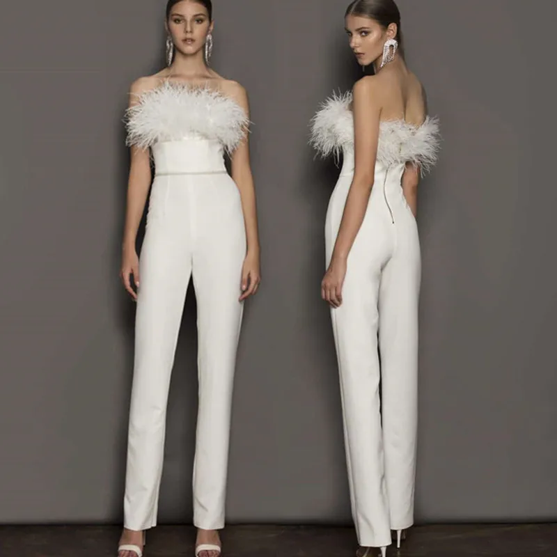 Elegant Strapless Wedding Pants Suits 2021 Sleeveless Backless Jumpsuits Wedding For Bride Feathers Zipper Vestido De Novia wedding gown