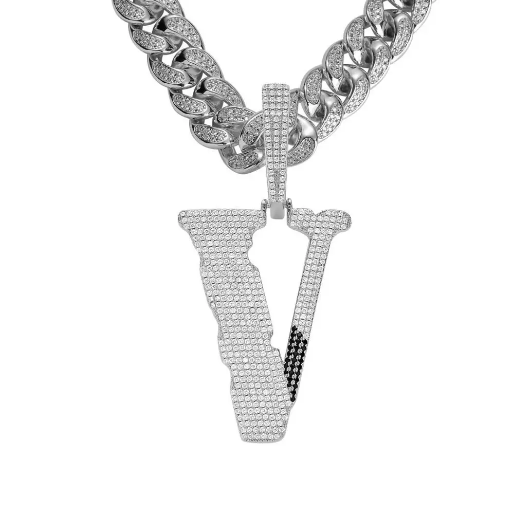 AliExpress Amazon Лидер продаж мужские хип-хоп ювелирные изделия Высокое качество Медь Iced Out AAA CZ Буква V ожерелье Bling - Окраска металла: Silver-17MCuban