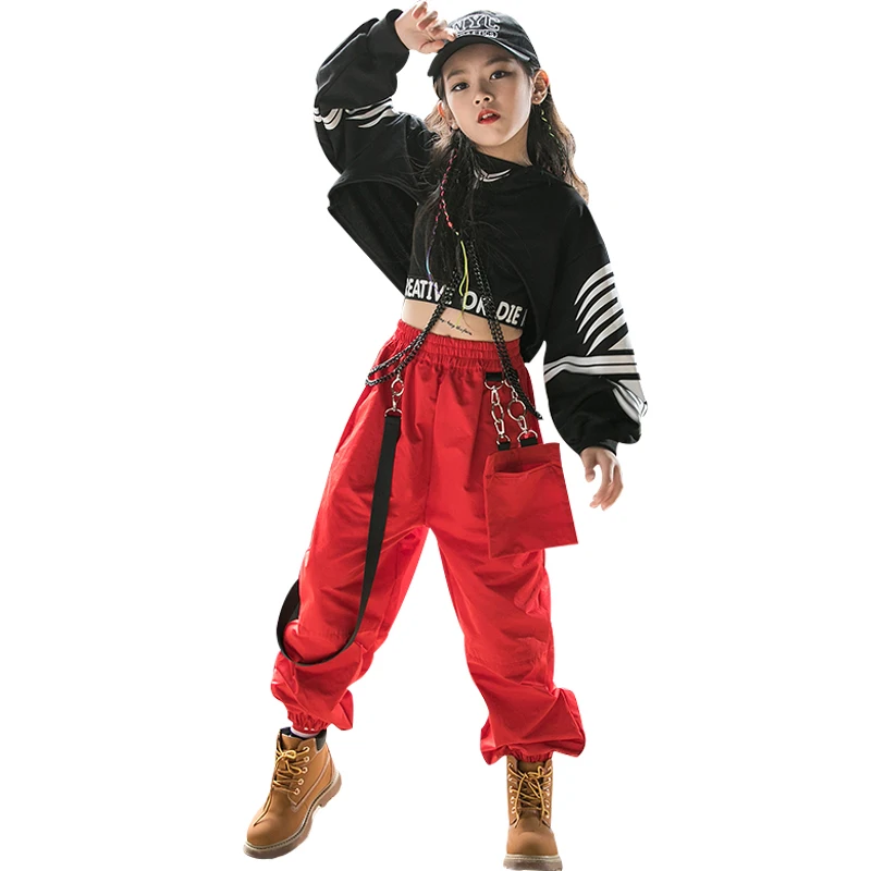 Hip Hop Clothing Girls Jazz Dance Costume Long Sleeve Black Tops Red Cargo Pants Kids Hip Hop Performance Wear Rave Clothes 5049