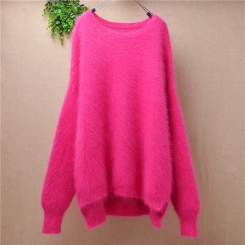 

Female ladies elegant long sleeves o-neck loose fuzzy hair mink cashmere knitted bottoming blouses sweater pullover angora fur