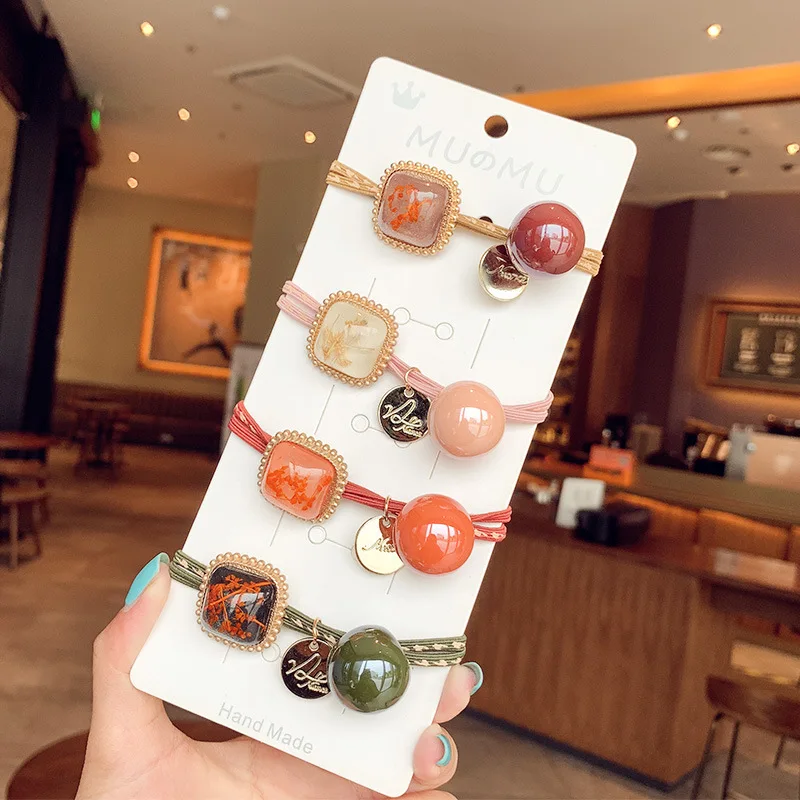 

Koren Style Hot Selling Fashion Acrylic Square& Round Decor Hair Band Retro Vintage Hair Rope Women Girls Hair Rings Headpiece