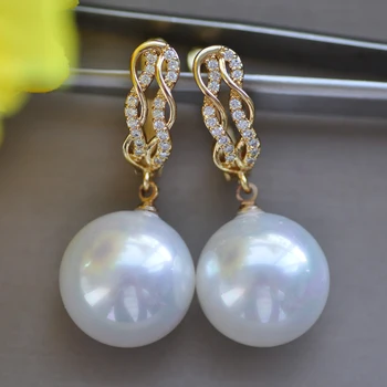 

Z10413 16mm WHITE Black Golden Gray Round South Sea Shell Pearl Dangle Earring CZ