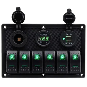 

Waterproof 6 Gang Marine Boat Rocker Switch Panel With Fuse 4.2A Dual USB Slot Socket + Digital Voltage Display + Cigarette Ligh