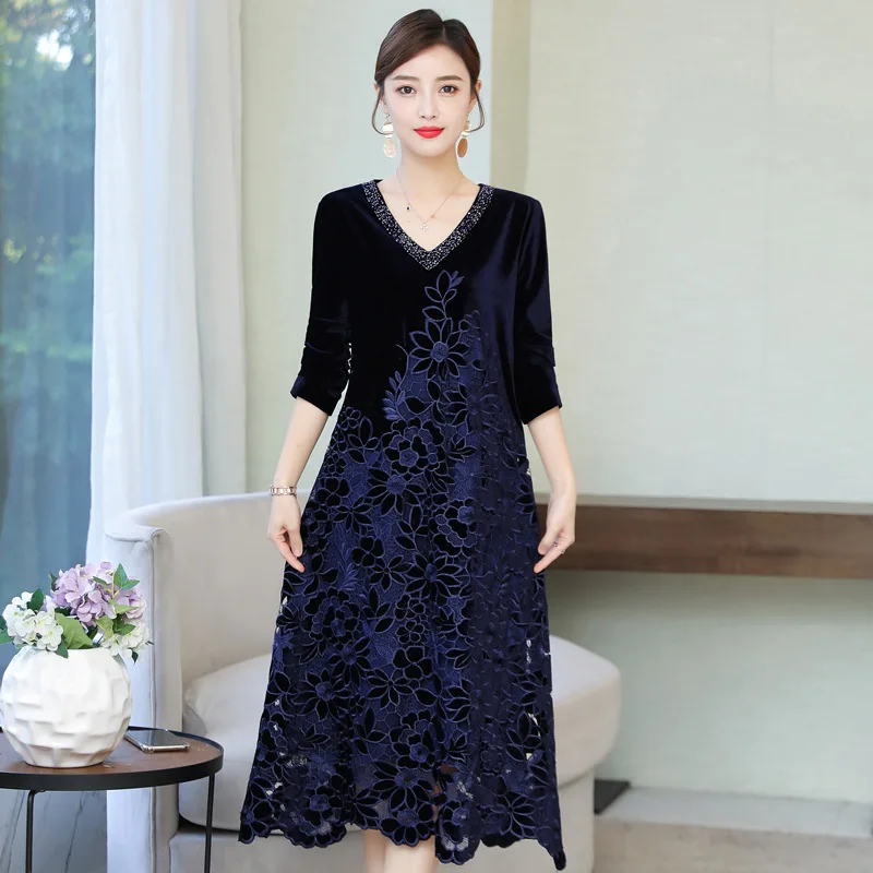 Золотое бархатное платье для женщин, осень, новинка, Ретро стиль, длинный рукав, кружевное Свободное платье, большой размер, M-4XL, высокое качество, элегантное платье