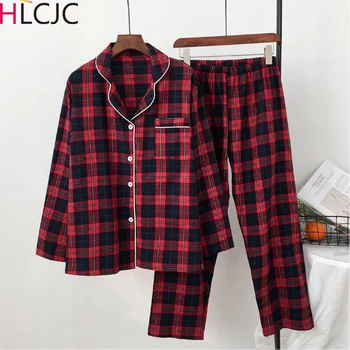 

Woman Pyjamas Autumn Long Sleeve100% Cotton Plaid Pajamas Set Leisure 2 Piece Women Home Suit Ladies Sleepwear Pijama Mujer